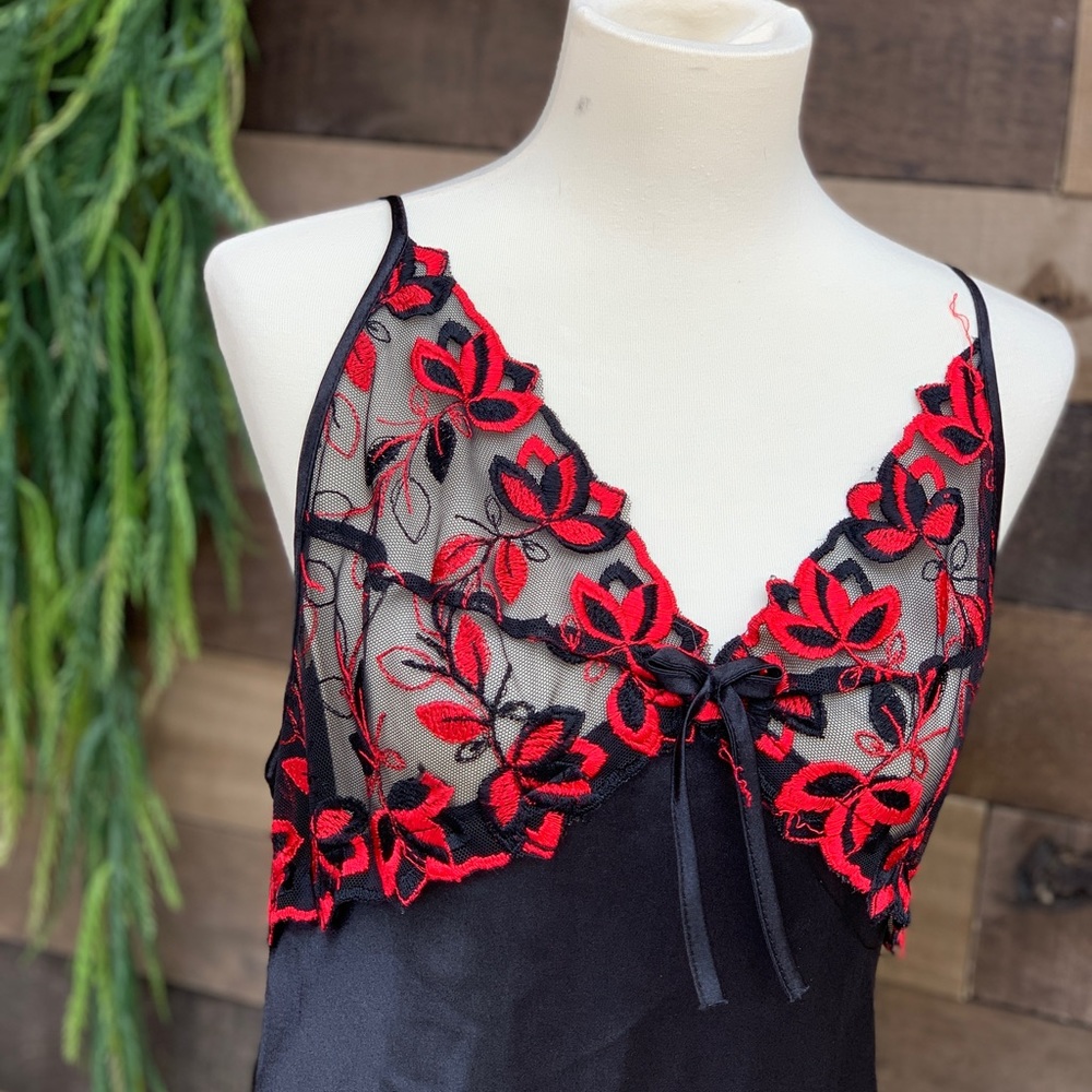 Beautiful Black Satin and Rose Vintage Slip Dress